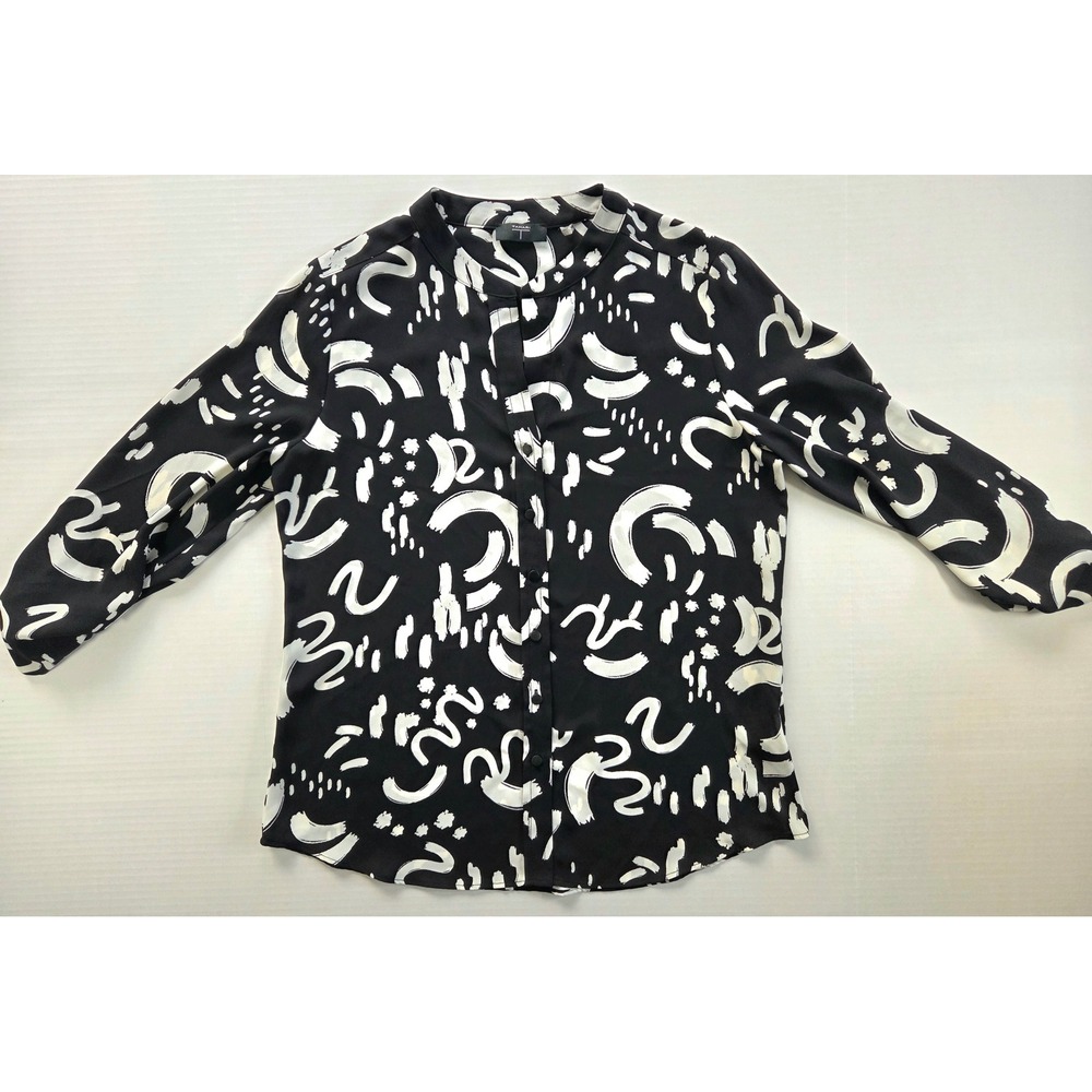 Tahari T Womens Black White Abstract Brushstroke Button Down Blouse Size M